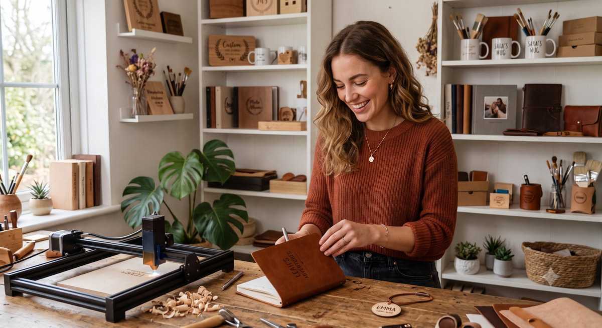 Gründerin von geschenkemitstyle.de bei der Arbeit im Studio